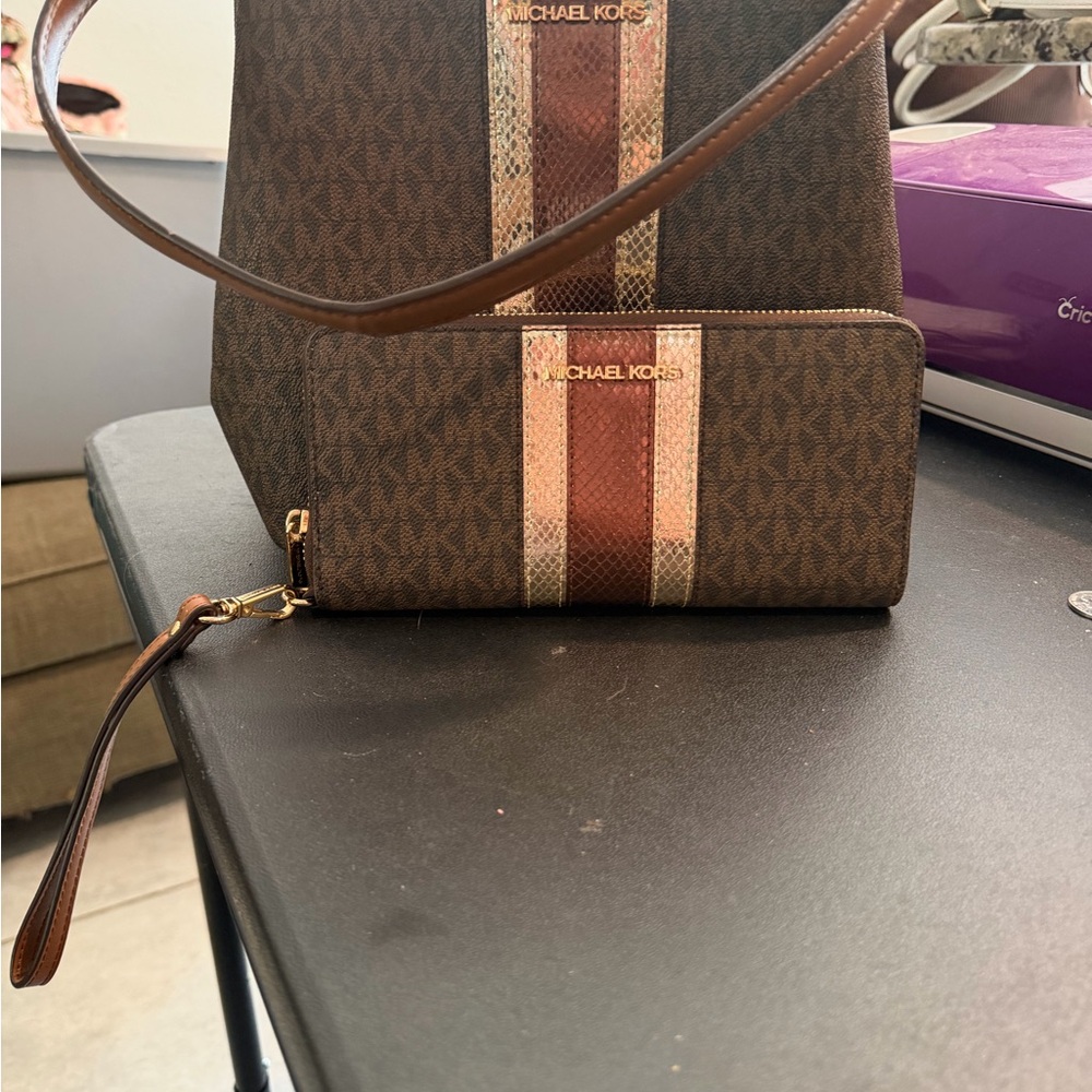 Michael Kors Brown and Pink Stripe Handbag